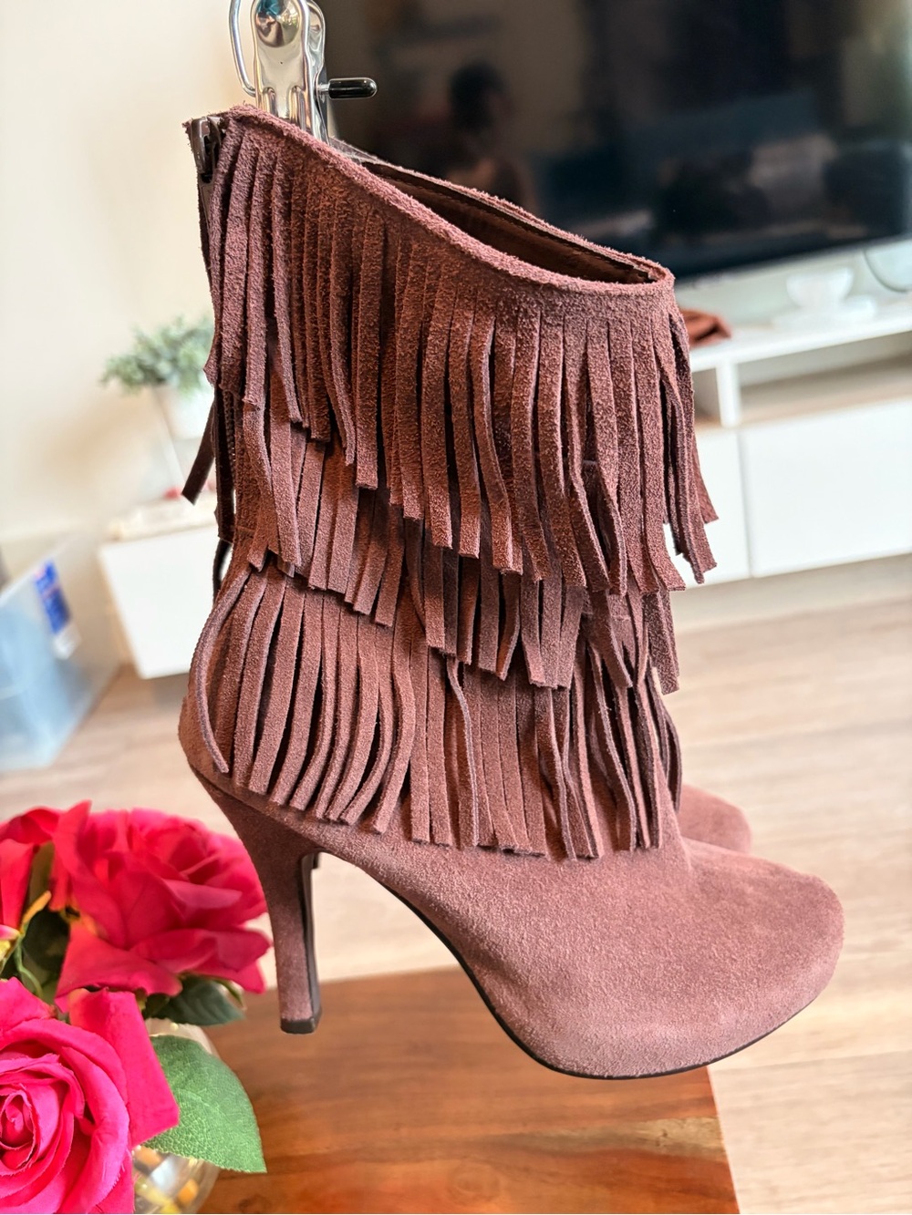 Theme Brown Suede Fringe High-Heel Ankle Boots